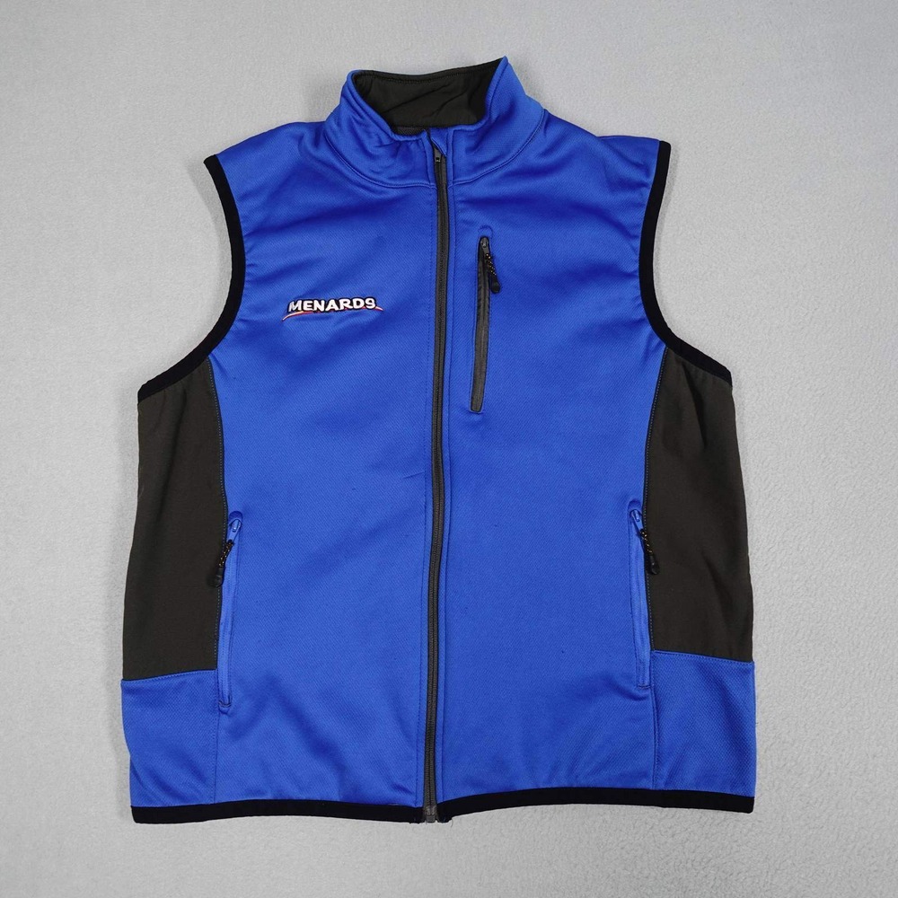 Menards Vest Mens Large Blue Full Zip Softshell Sleeveless Jacket Workwear Logo